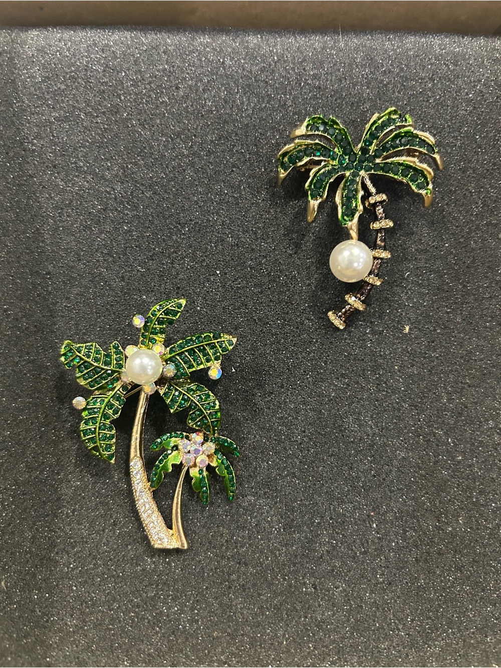 Gold Palm Tree Pin Set with Green Crystal Leaves and Pearl Accents